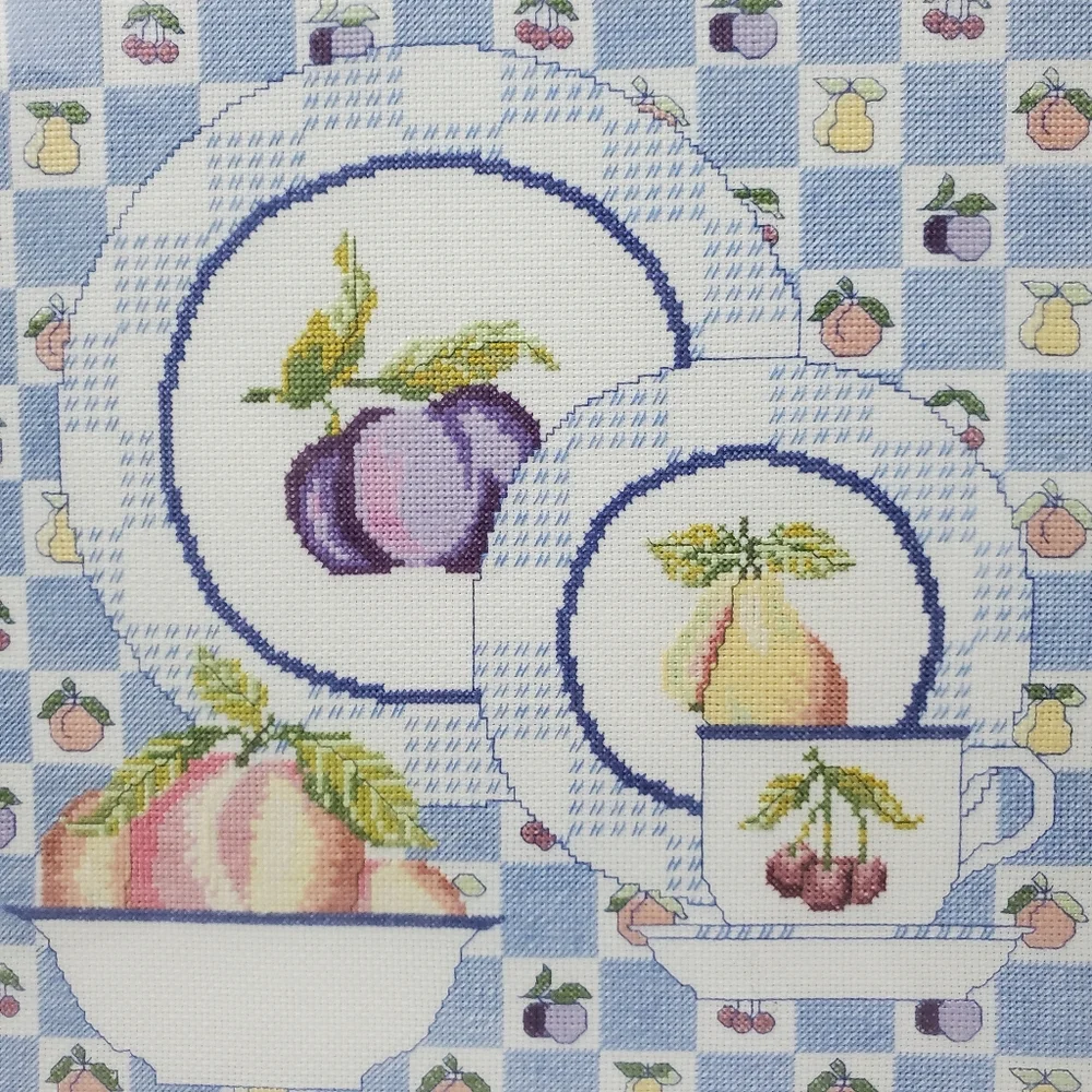 Cross-stitch Framed Art Place Setting and Bowl Of Fruit
